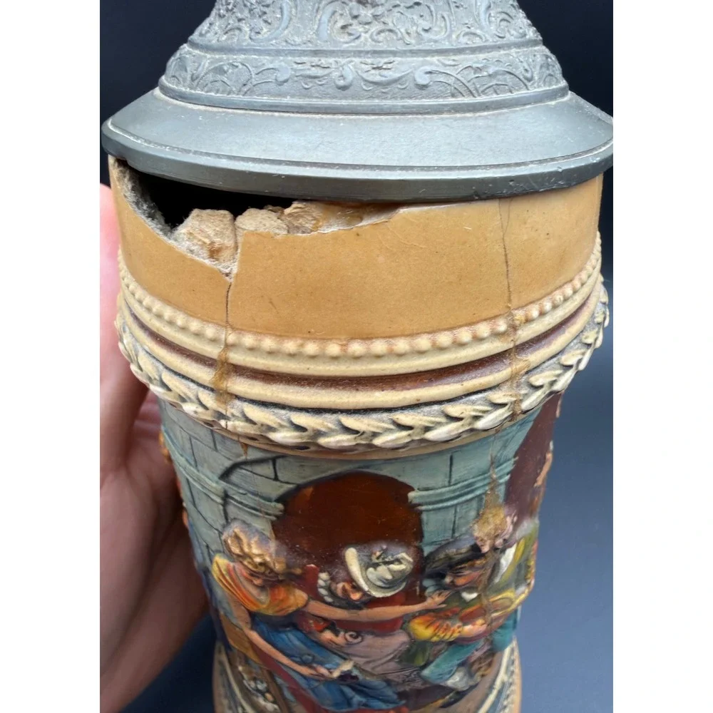 Antique German Beer Stein 0.5L Relief Scene Pewter Lid‎ Stoneware 531